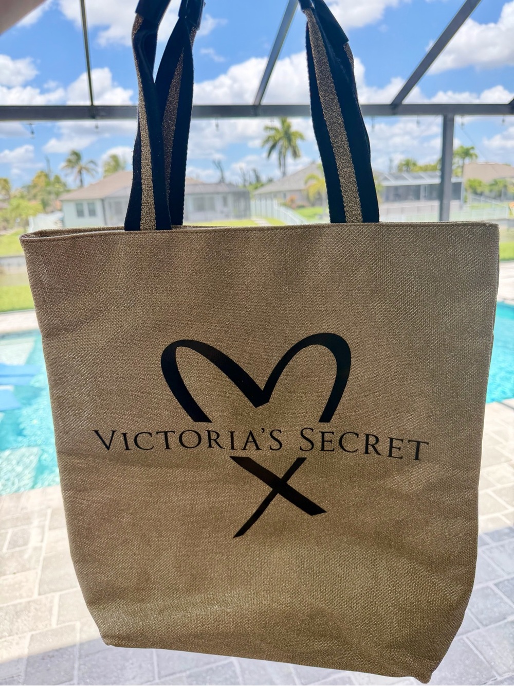 Victoria's Secret shimmer gold Tote with Black Logo and Straps
